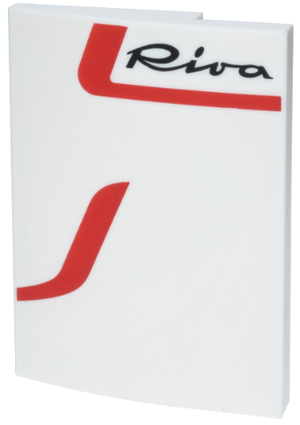 Slope, Curved 3 x 4 x 2/3 with Red Curved Lines and Black Script 'Riva' Logo Pattern Model Left Side