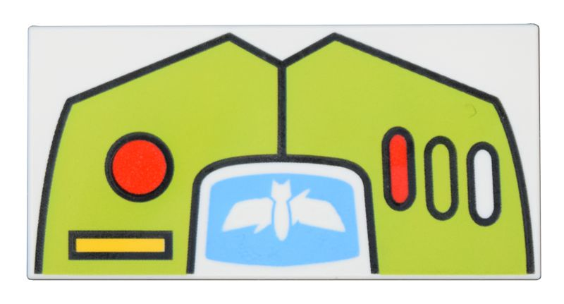 Tile 2 x 4 with Lime Control Panel with Buttons, Red Dot and Yellow Rectangle, Star Command Logo on Medium Blue Background, Black Outline Pattern (Brickheadz Buzz Lightyear Spacesuit)