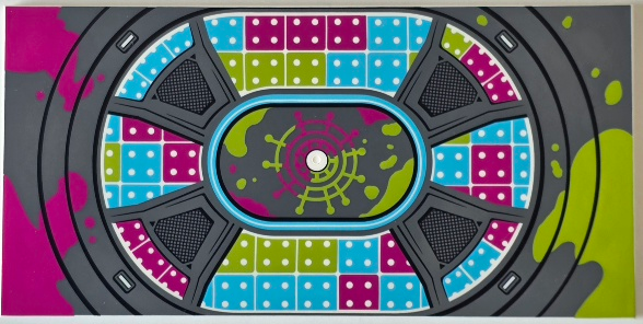 Tile 8 x 16 with Bottom Tubes, Textured Surface with Dark Bluish Gray Background and Black Round Outlines, Magenta, Lime, Medium Azure and White Dance Floor Pattern
