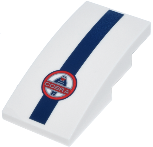 Slope, Curved 4 x 2 with Silver 'COBRA' and Red, White and Dark Blue Shelby Cobra Logo and Stripe Pattern