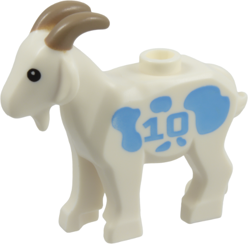 Goat with Black Eyes, Dark Tan Horns, Bright Light Blue Spots and Number 10 Pattern