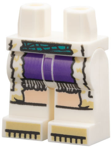 White hips and legs printed with coattails, a dark turquoise belt, and a dark purple skirt.