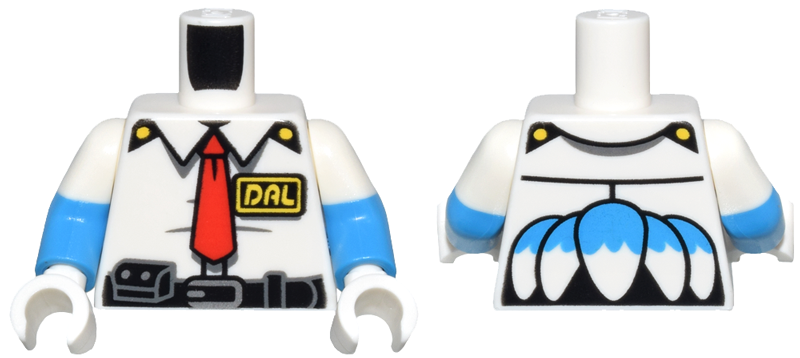 Torso Uniform Shirt, Red Tie, Black and Dark Bluish Gray Belt with Pouch, Silver Buckle, Yellow 'DAL' ID Badge, and Tail Feathers with Dark Azure Top on Back Pattern / Dark Azure Arms with Molded White Short Sleeves Pattern / White Hands