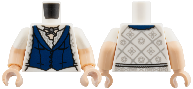 Torso Female Dark Blue Vest, White Blouse with Light Bluish Gray Squares and Flowers, Light Nougat Neck Pattern / Light Nougat Arms with Molded White Short Sleeves Pattern / Light Nougat Hands