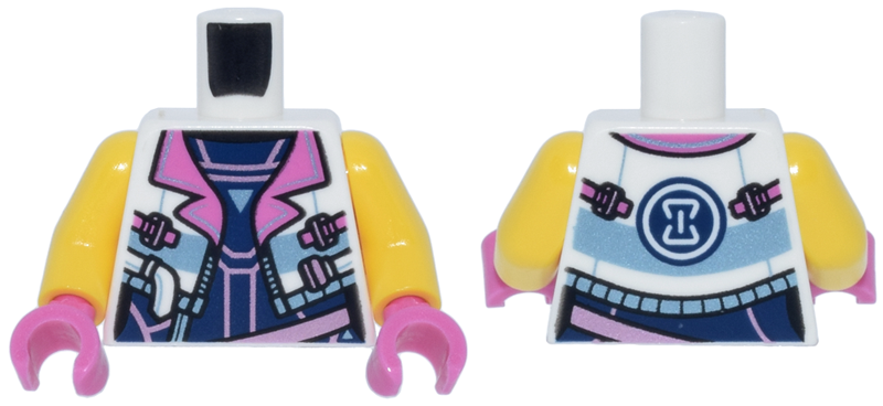 Torso Female Cropped Jacket Open with Zipper, Dark Pink Lapels and Buckles over Dark Blue and Metallic Pink Top, Hourglass on Back Pattern / Yellow Arms / Dark Pink Hands