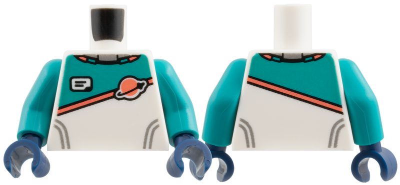 White spacesuit torso with a dark turquoise upper panel, coral diagonal stripe, and classic space logo, featuring dark turquoise arms and dark blue hands.