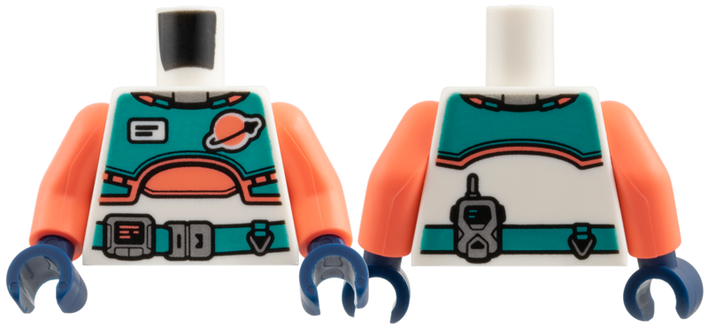 White torso with a dark turquoise vest and belt, featuring a coral Classic Space logo. Includes coral arms and dark blue hands.