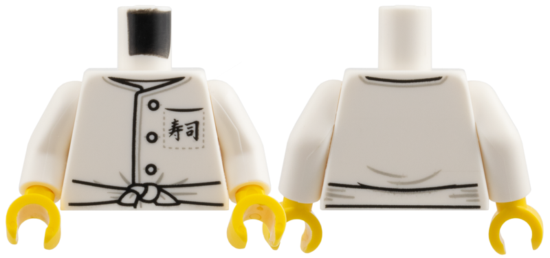 Torso Chef with 3 Buttons, Sash, Japanese Logogram '寿司' (Sushi) on Front Pocket Pattern / White Arms / Yellow Hands in White