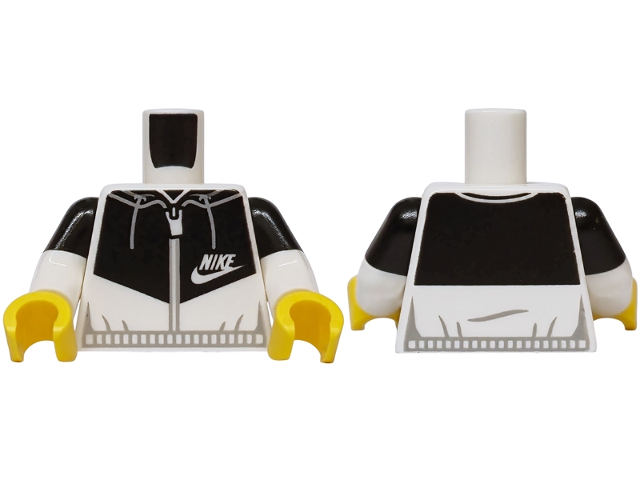 White Nike hoodie torso with white arms, black short sleeves, and yellow hands.