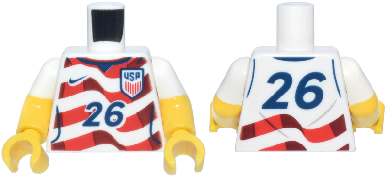 White torso with red wavy stripes and a USA soccer badge, featuring yellow arms with white short sleeves and yellow hands.