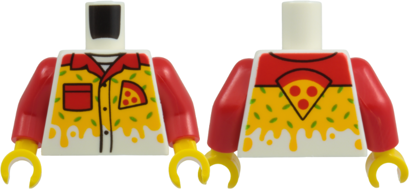 White torso with red arms and yellow hands. Features a yellow shirt print with a pizza slice and dripping cheese.