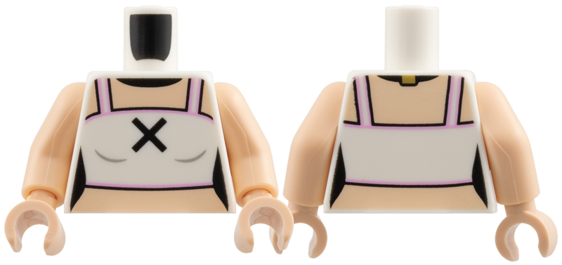 White torso with a printed tube top, pink trim, and a black X on the chest. Includes light nougat arms and hands.