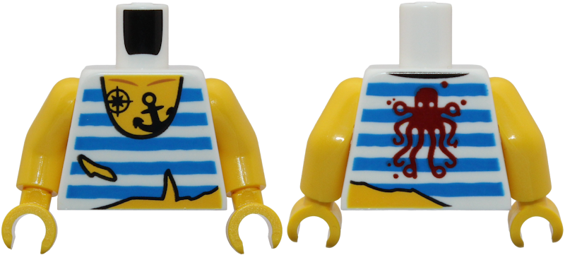 White tank top torso with blue stripes and a red octopus on the back, yellow arms, and yellow hands.