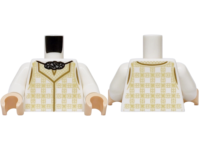 White torso with white arms and light nougat hands, featuring a tan plaid vest pattern and a silver brooch.
