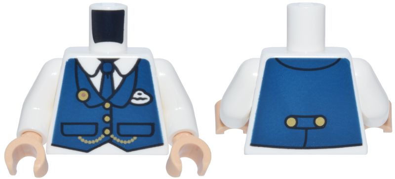 White torso with white arms and medium tan hands. Features a dark blue vest over a white shirt with a dark blue tie and gold chain detail.