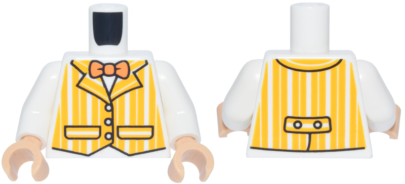White torso with white arms and medium tan hands. Features a vest with bright light orange vertical stripes and an orange bow tie.
