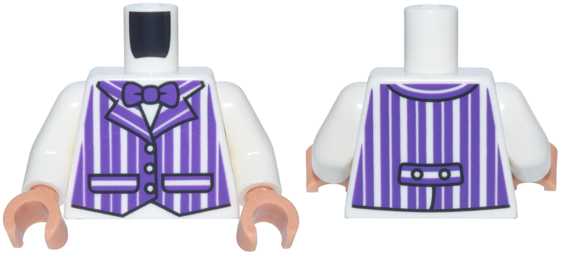 White torso with white arms and nougat hands. Features a vest with dark purple vertical stripes and a matching purple bow tie.