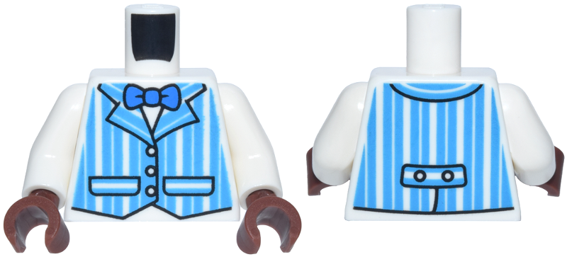 White torso with white arms and reddish brown hands. Features a vest with dark azure vertical stripes and a blue bow tie.