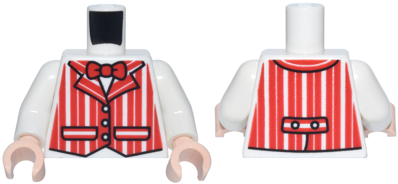 White torso with white arms and light nougat hands. Features a vest with red vertical stripes and a red bow tie.