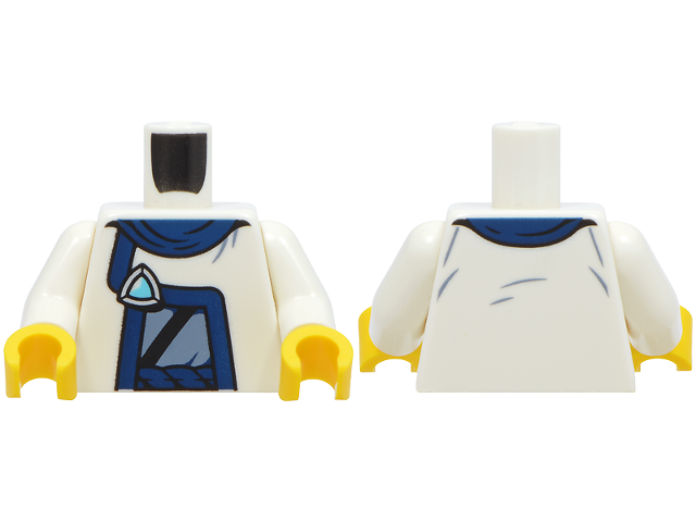 White torso with white arms and yellow hands. Features a layered sand blue and medium azure robe with a silver brooch and rope belt.