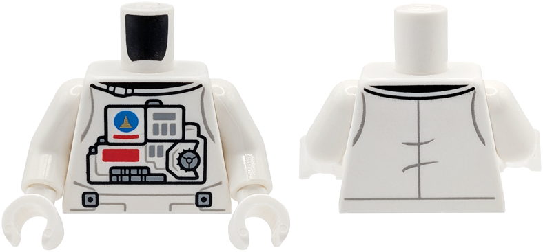 White astronaut spacesuit torso with gold shuttle