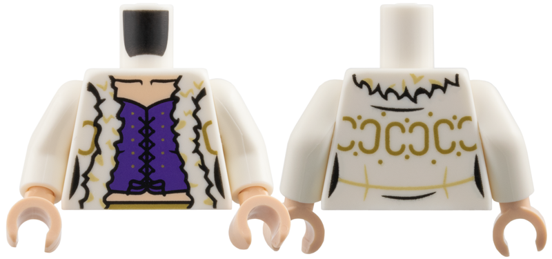 White jacket torso with gold trim and purple corset