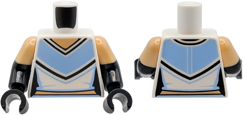 White vest torso with blue panels, black hands