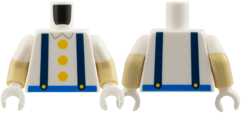White torso with dark blue suspenders and buttons