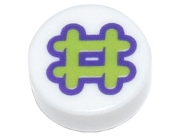 Tile, Round 1 x 1 with Dark Purple and Lime Number Sign / Hash / Pound Sign (#) Pattern