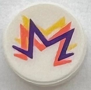 Tile, Round 1 x 1 with Yellow, Coral, and Dark Purple Zigzag Lines Pattern