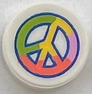 Tile, Round 1 x 1 with Lime, Yellow, Coral, and Bright Pink Peace Symbol Pattern