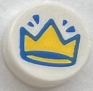 Tile, Round 1 x 1 with Yellow Crown with Blue Outline Pattern