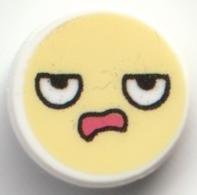 Tile, Round 1 x 1 with Emoji, Bright Light Yellow Face, White Eyes, Black Pupils, and Coral Open Mouth, Annoyed Expression Pattern
