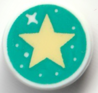 Tile, Round 1 x 1 with Sparkle, Spots, and Bright Light Yellow Star on Dark Turquoise Background Pattern