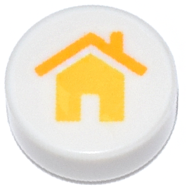 Tile, Round 1 x 1 with Yellow House with Bright Light Orange Roof and Chimney Pattern