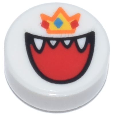 Tile, Round 1 x 1 with Open Mouth with Teeth and Tongue, Orange and Yellow Crown with Red and Blue Diamonds Pattern (Super Mario King Boo)