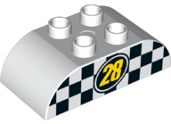 Duplo, Brick 2 x 4 Slope Curved Double with Yellow '28' on Black Oval with Checkered Background Pattern