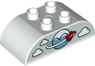 Duplo, Brick 2 x 4 Slope Curved Double with Clouds, Medium Azure Mountains, and Red Airplane on Light Aqua Background Pattern