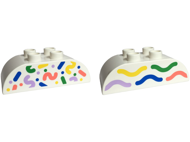 Duplo, Brick 2 x 4 Slope Curved Double with Blue, Bright Green, Coral, Lavender, and Yellow Confetti / Waves Pattern