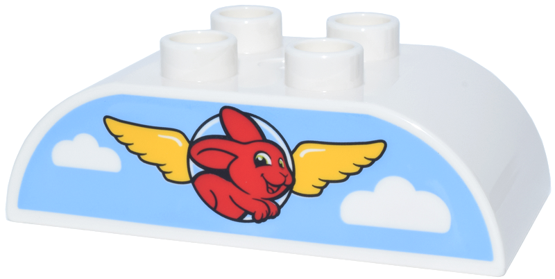 Duplo, Brick 2 x 4 Slope Curved Double with Red Bunny / Rabbit, Yellow Wings, Clouds and Bright Light Blue Sky Pattern