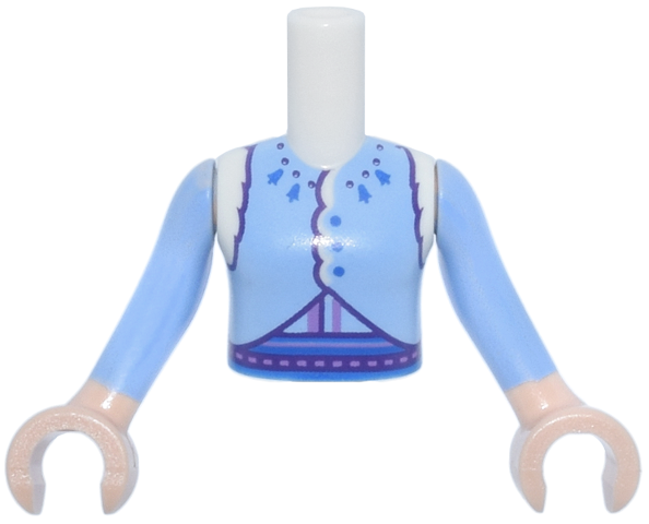 Torso Mini Doll Girl Bright Light Blue Coat with Fur, Dark Purple Trim, Blue Buttons and Bells Pattern, Light Nougat Arms with Hands with Bright Light Blue Long Sleeves