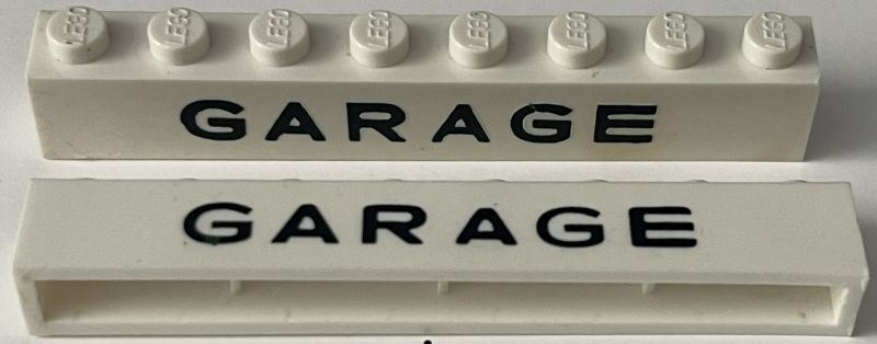 Brick 1 x 8 without Bottom Tubes with Cross Side Supports with Black 'GARAGE' Sans-Serif Thin Small Pattern
