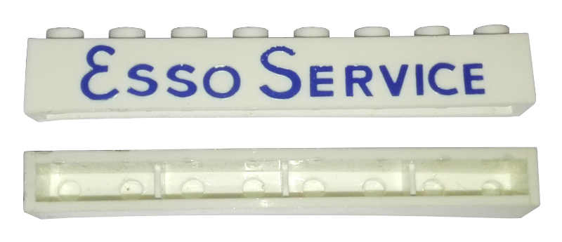 Brick 1 x 8 without Bottom Tubes with Cross Side Supports with Blue 'ESSO SERVICE' Long with Round 'O' Pattern