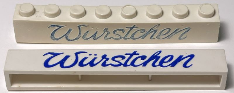 Brick 1 x 8 without Bottom Tubes with Cross Side Supports with Blue 'Würstchen' Script Pattern ('Wurstchen')