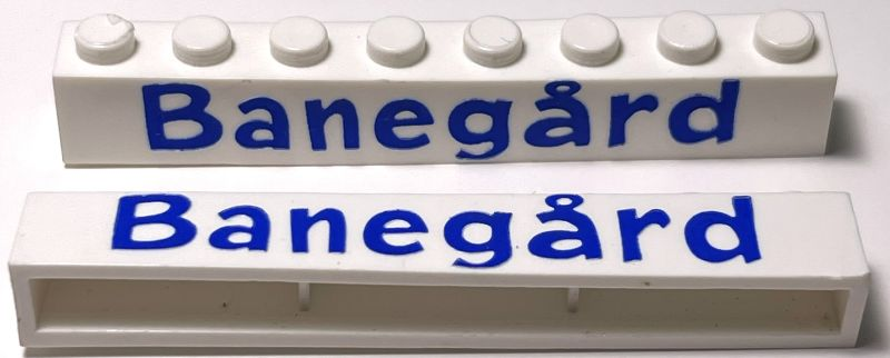 Brick 1 x 8 without Bottom Tubes with Cross Side Supports with Blue 'Banegård' Pattern ('Banegard')