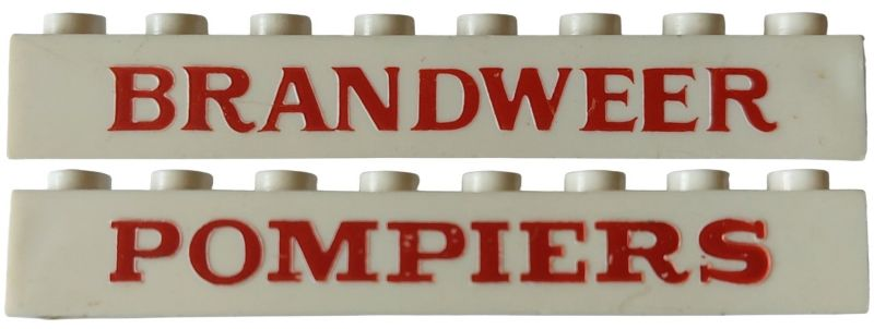 Brick 1 x 8 without Bottom Tubes with Cross Side Supports Dual Sided with Red 'BRANDWEER' / 'POMPIERS' Serif Bold Pattern