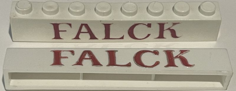 Brick 1 x 8 without Bottom Tubes with Cross Side Supports with Red 'FALCK' Serif Pattern