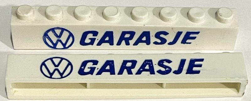Brick 1 x 8 without Bottom Tubes with Cross Side Supports with Blue Volkswagen Logo 'VW GARASJE' Pattern
