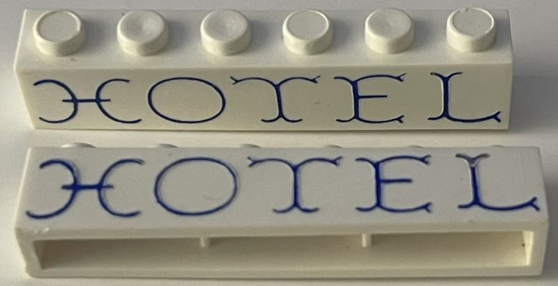 Brick 1 x 6 without Bottom Tubes with Cross Side Supports with Blue 'HOTEL' Curvy Pattern