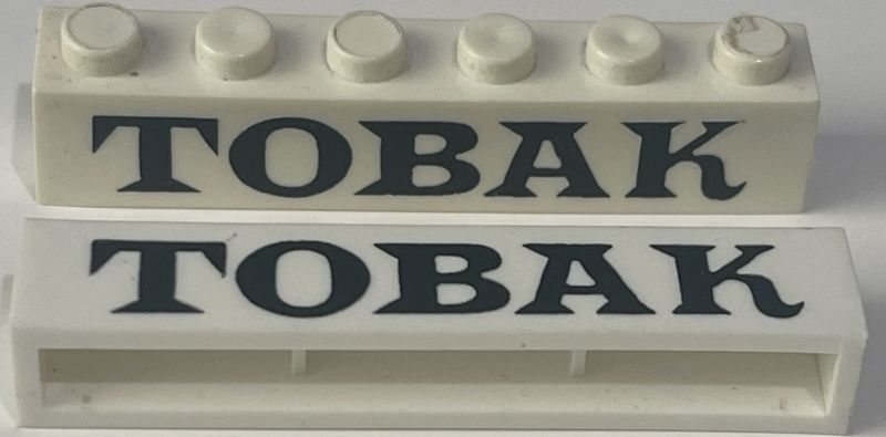 Brick 1 x 6 without Bottom Tubes with Cross Side Supports with Black 'TOBAK' Serif Pattern